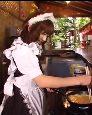 Shy brown haired jap babe Aimi Hoshii bakes pancakes